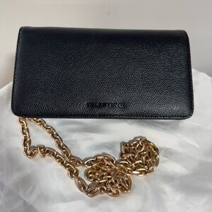 Valentino Black Leather Clutch with Gold Chain